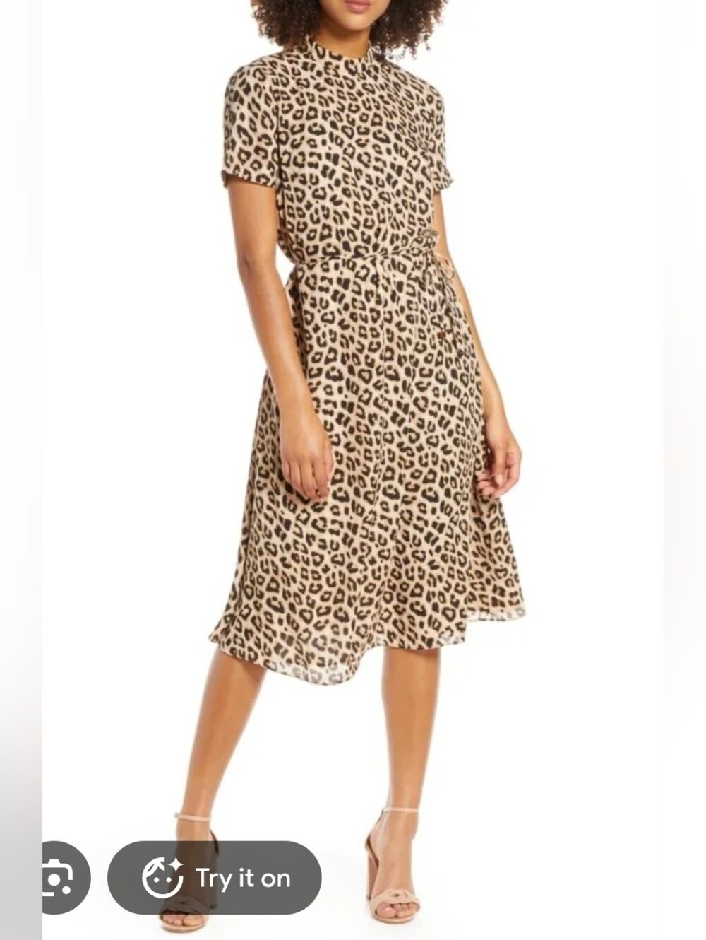 Avec Les Filles Leopard Print Short Sleeve Tie-Waist Dress - Tan